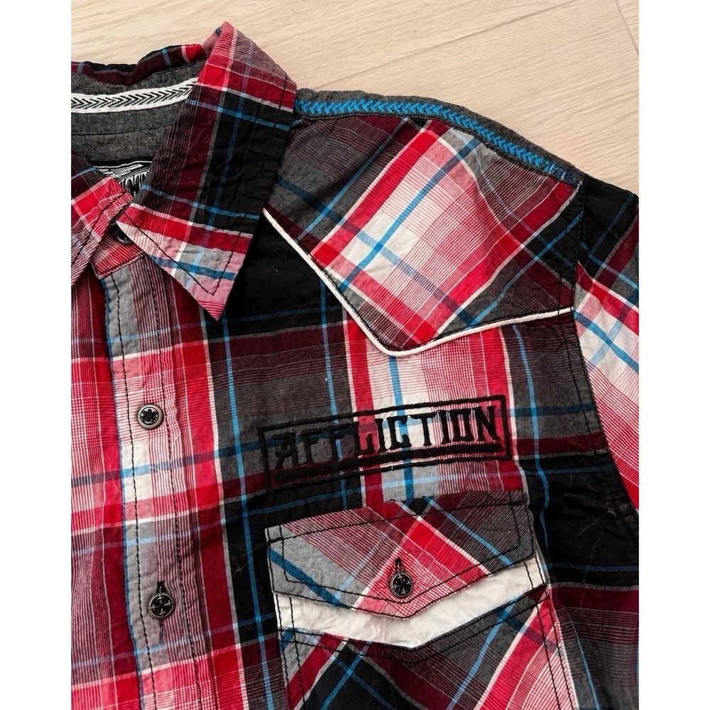 Affliction Black Premium Mens L Red Black Western Plaid Embroidered Y2K - Picture 3 of 6